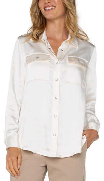 Long Sleeve Button Front Banded Collar