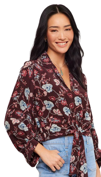 Blouson Sleeve Tie Front Top