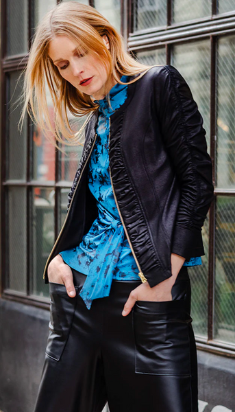 Liquid Leather Ruched Zip 3 4 Sleeve Jacket Alapage Boutique