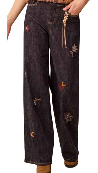 Audrey Embroidered Wide Leg Denim