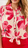 Short Sleeve Top with Buttons & Tie Front