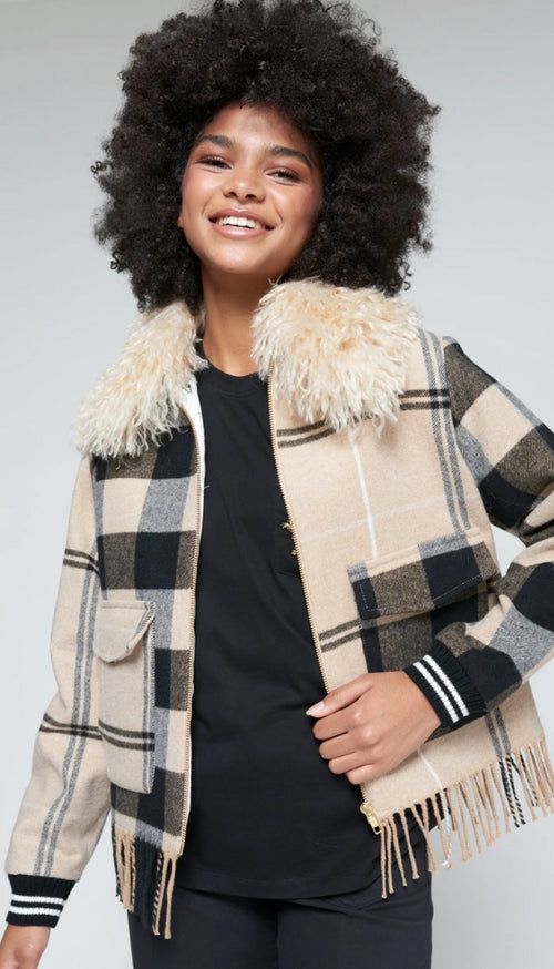 Checked Wool Bomber With Fringes