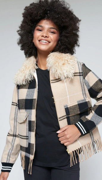 Checked Wool Bomber With Fringes