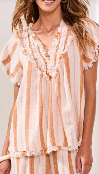 Short Sleeve Blouse With Raw Edge & Smock