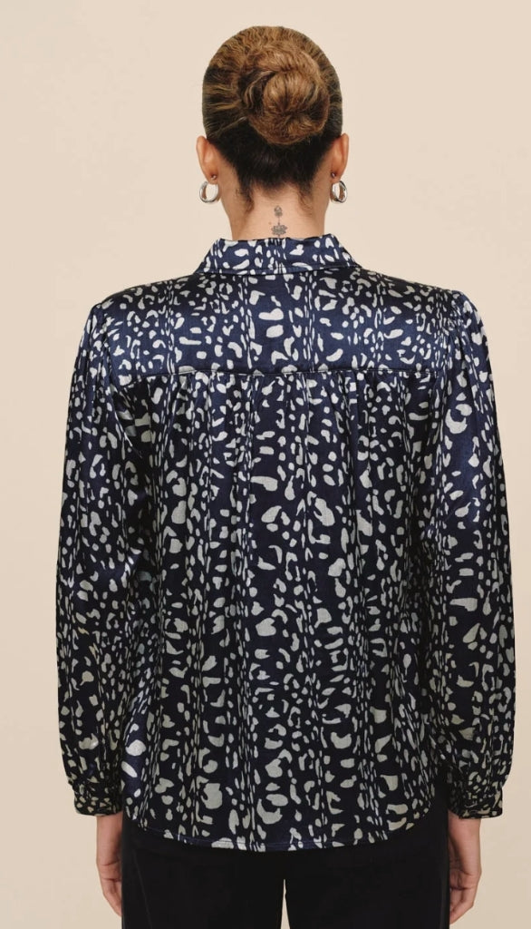 Long Sleeve Shirred Shoulder Button Down