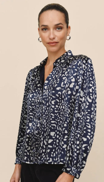 Long Sleeve Shirred Shoulder Button Down