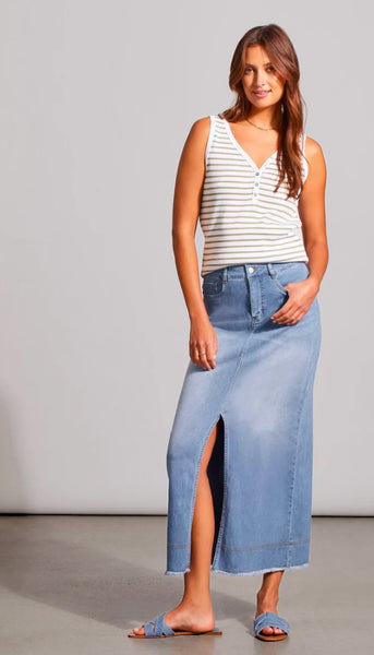 Full Length Denim Skirt with Front Slit - Blue