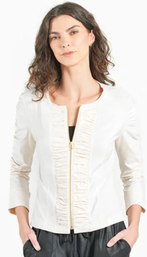 Liquid Leather Ruched Zip 3/4 Sleeve Jacket