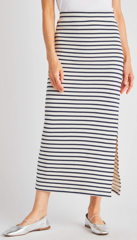 Full Length Denim Skirt with Front Slit - Blue