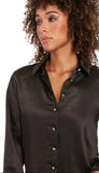 Collared Satin Blouse with Feather Trim Cuffs