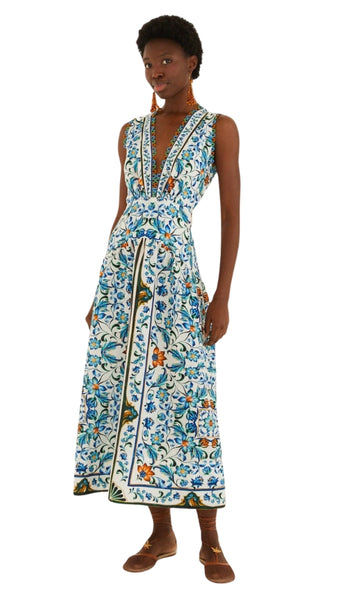 Flora Tile Off White Midi Dress