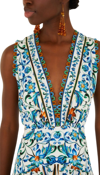 Flora Tile Off White Midi Dress