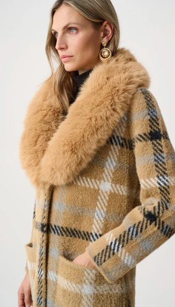 Plaid Coat With Detachable Faux Fur Collar