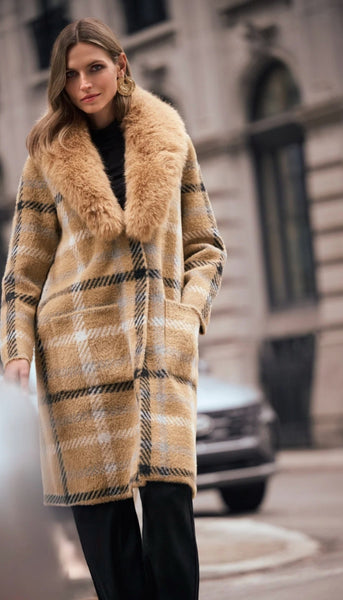 Plaid Coat With Detachable Faux Fur Collar