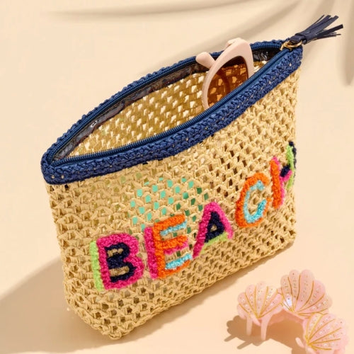 "Beach" Straw Zip Pouch