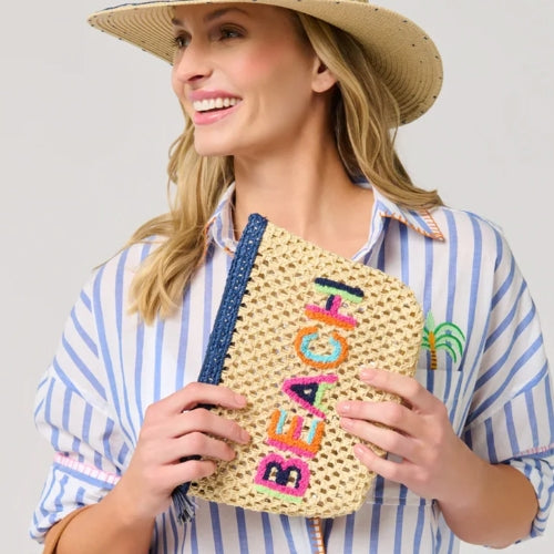 "Beach" Straw Zip Pouch