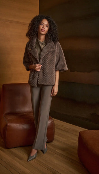 Chevron Faux Fur Cape Style Jacket