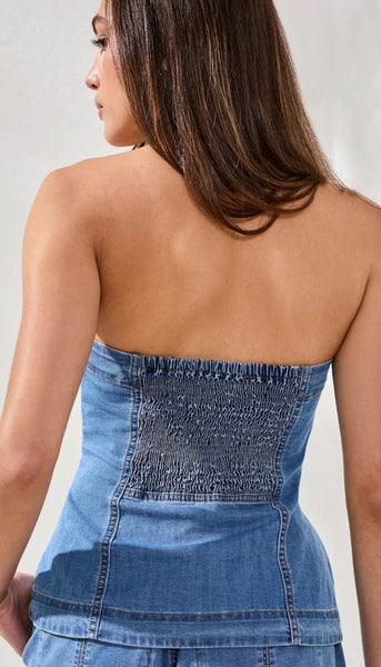 Button Down Denim Bustier With Smock