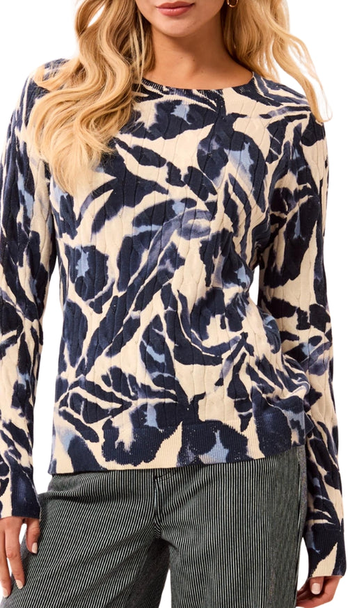 Long Sleeve Printed Cable Crew Neck Sweater