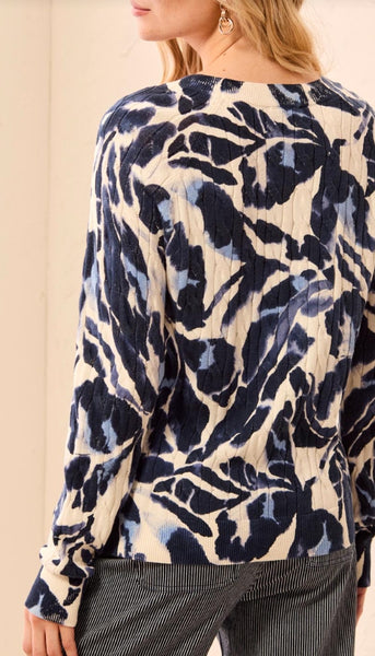 Long Sleeve Printed Cable Crew Neck Sweater