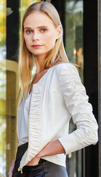 Liquid Leather Ruched Zip 3/4 Sleeve Jacket