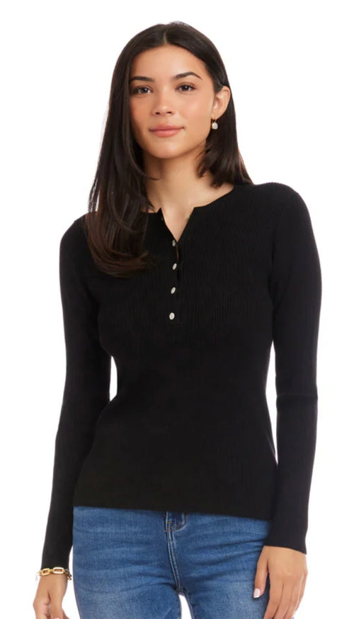 Henley Ribbed Sweater with Crystal Buttons