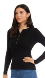 Henley Ribbed Sweater with Crystal Buttons
