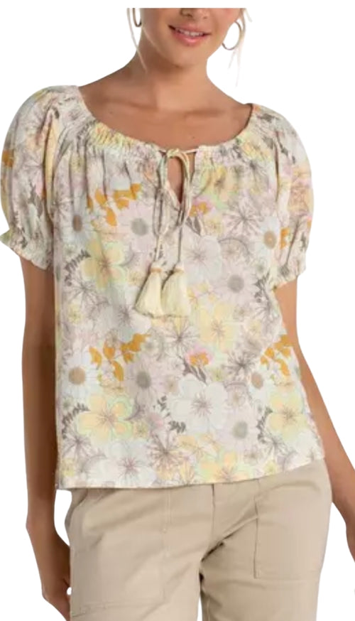 Short Sleeve Tie Neck Woven Top