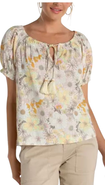 Short Sleeve Tie Neck Woven Top