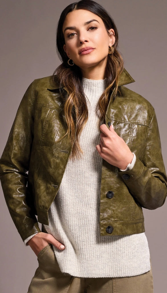 Button Front Pu Collar Accent Jacket