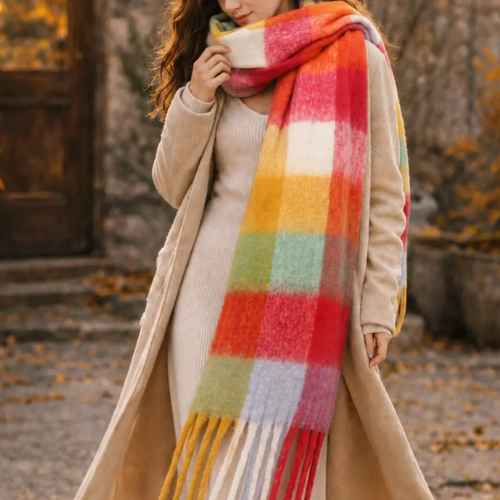 Over sized cozy long fringe scarf - Red Green