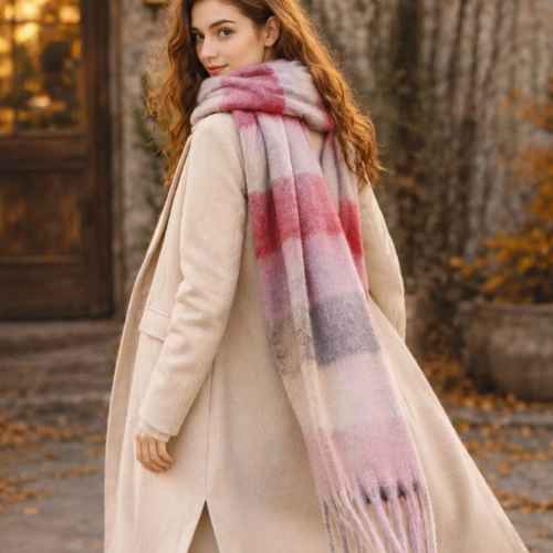 Over sized cozy long fringe scarf - Red Pink