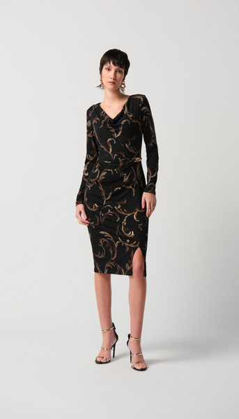 Baroque Foiled Silky Knit Sheath Dress With Ornament