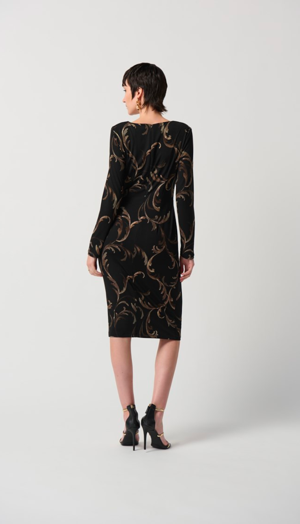 Baroque Foiled Silky Knit Sheath Dress With Ornament