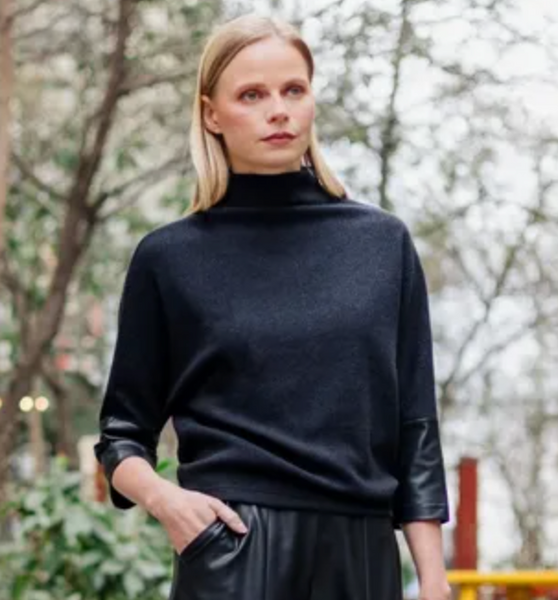 Funnel Neck Sweater With Leather Cuff