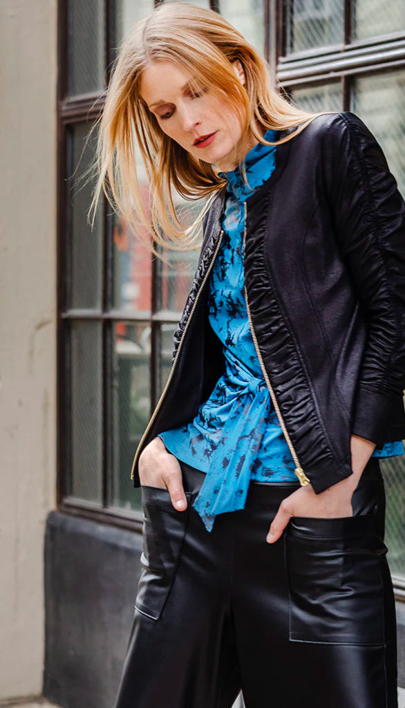 Liquid  Leather Ruched Zip 3/4 Sleeve Jacket