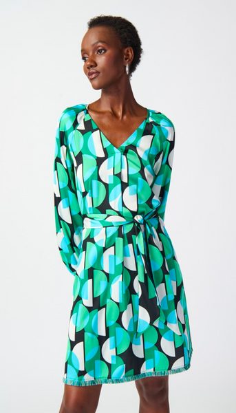 Geometric Print Satin Belted Dress